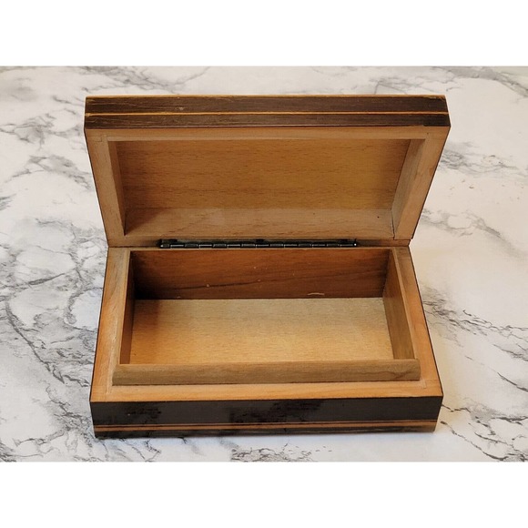 Lacquered Wood Box Marketry Inlaid Domed Hinged Handmade Jewelry Cigarette Box - Picture 2 of 10